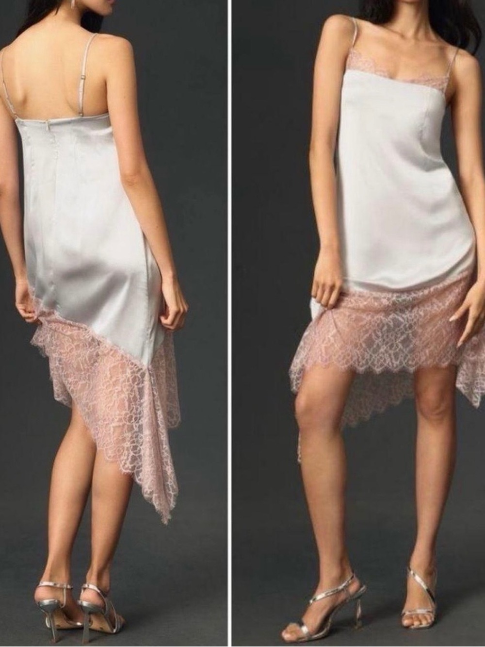 NWT Anthropologie Women’s Gray/Pink Lace Trim Satin Slip Dress - Size 6